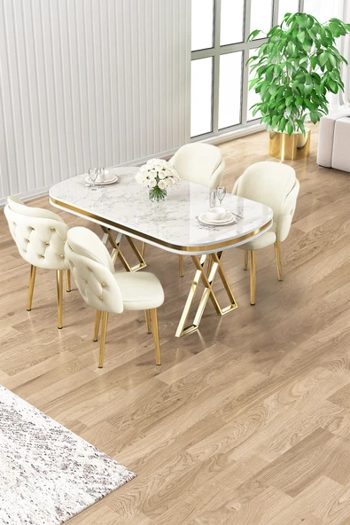 Canisa Zae Serisi 90x168 Lak Panel Beyaz Mermer Desen Gold Ayak Masa Takımı 4 Krem Sandalye ürün görseli 1