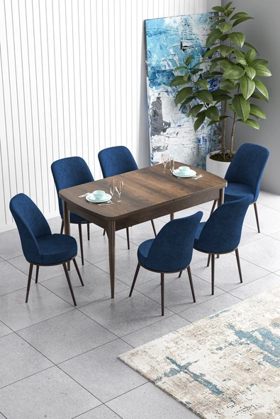 Canisa Han Serisi, Barok Ahşap Desen 70x114, Açılabilir Mdf Mutfak Masa Takımı, 6 Lacivert Sandalye ürün görseli 1