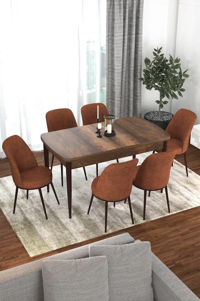 Canisa Kor Serisi 70x114 Açılabilir Mutfak Masası Takımı Barok Desen Masa 6 Kiremit Sandalye ürün görseli 1
