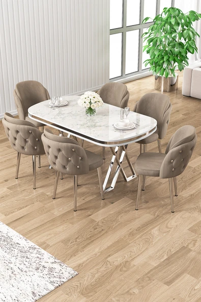 Canisa Ela Serisi Lak Panel Beyaz Mermer Desen Krom Ayak Masa Takımı 6 Cappucino Sandalye ürün görseli 1
