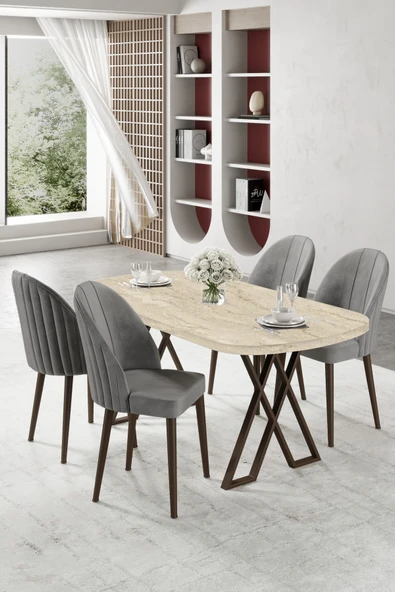 Canisa Kaye Serisi Mdf 90x168 Traverten Mutfak Masası Takımı 4 Gri Sandalye ürün görseli 1