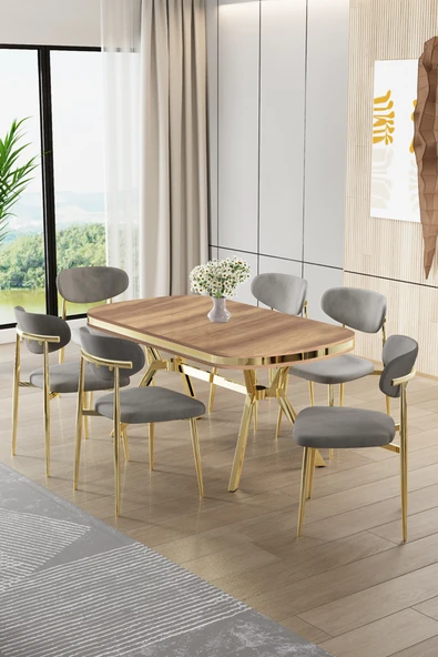 Canisa Olya Serisi 90x168 Lak Panel Hazar Masa Takımı Gold Ayaklı 6 Gri Sandalye ürün görseli 1