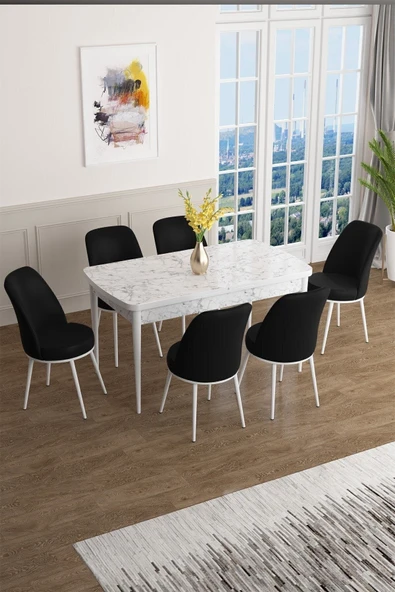 Canisa Han Serisi 70x114 Açılabilir Mdf Mutfak Masası Takımı Beyaz Mermer Desen Masa 6 Siyah Sandalye ürün görseli 1