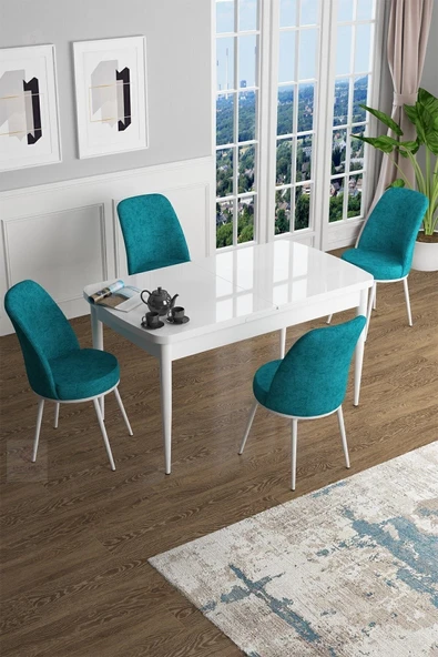 Canisa Han Serisi 70x114 Açılabilir Mdf Mutfak Masası Takımı Beyaz Masa 4 Turkuaz Sandalye ürün görseli 1