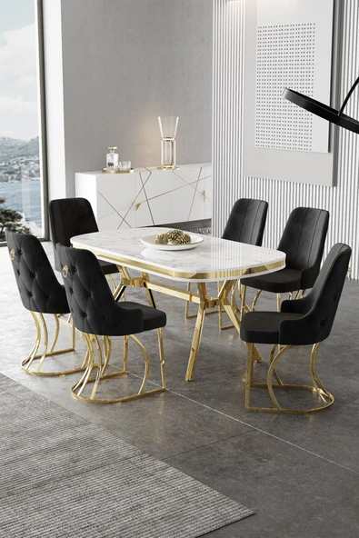 Canisa Epal Serisi 90x168 Lak Panel Beyaz Mermer Desen Masa Takımı Gold Ayaklı 6 Siyah Sandalye ürün görseli 1