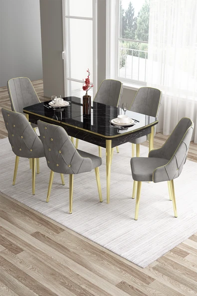 Canisa Tia Serisi 80x132 Açılabilir Mdf Siyah Mermer Desen Mutfak Masası Ve 6 Gri Sandalye ürün görseli 1