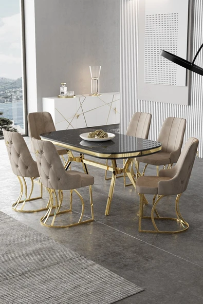 Canisa Epal Serisi 90x168 Lak Panel Siyah Mermer Desen Masa Takımı Gold Ayaklı 6 Cappucino Sandalye ürün görseli 1