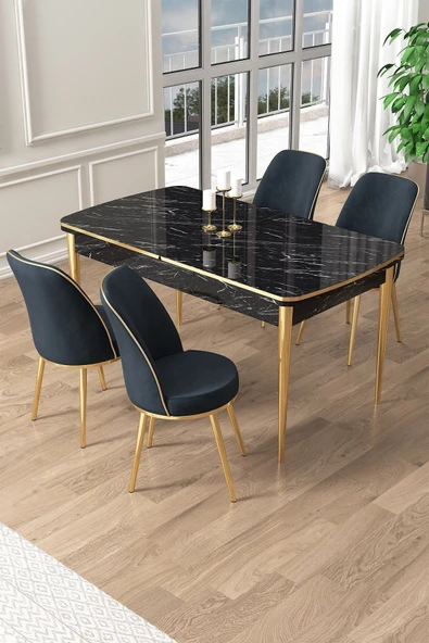 Canisa Pale Serisi 80x132 Açılabilir Siyah Mermer Desen Mutfak Masa Takımı 4 Antrasit Sandalye Gold Detay ürün görseli 1