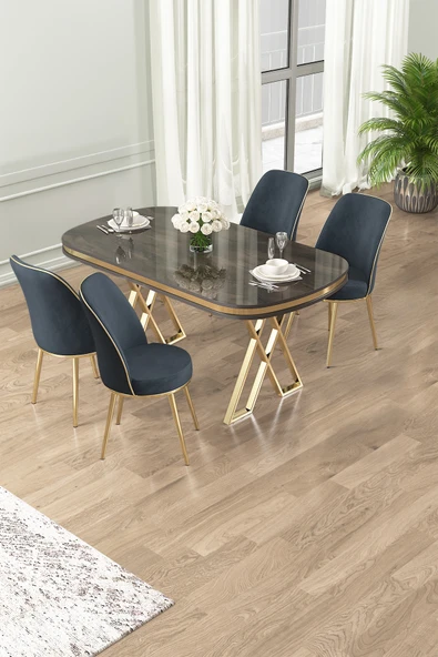 Canisa Lai Serisi 90x168 Lak Panel Antrasit İroni Masa ve 4 Antrasit Sandalye Gold Kaplama Ayak ürün görseli 1