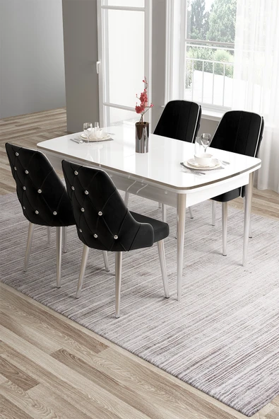 Canisa Tia Serisi 80x132 Açılabilir Mdf Beyaz Krom Detay Yemek Masası Takımı Ve 4 Siyah Sandalye ürün görseli 1