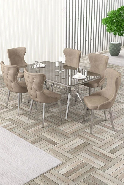 Canisa Esla Serisi 90x160 Lak Panel Antrasit İroni Krom Kaplama Ayaklı Masa Takımı ve 6 Cappucino Sandalye ürün görseli 1