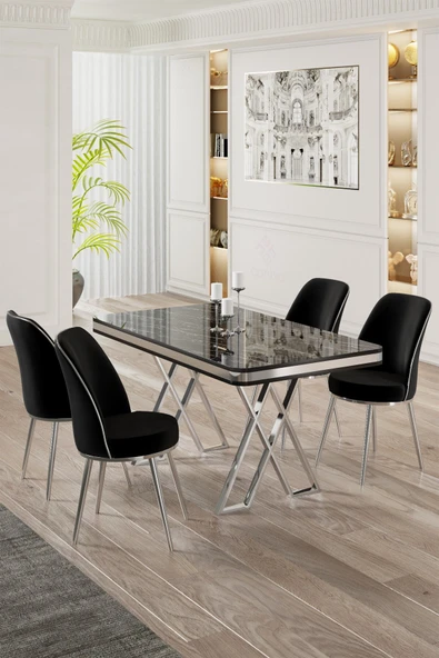 Canisa Vals Serisi 80x130 Lak Panel Siyah Mermer Desen Masa Takımı Krom Ayaklı 4 Siyah Sandalye ürün görseli 1