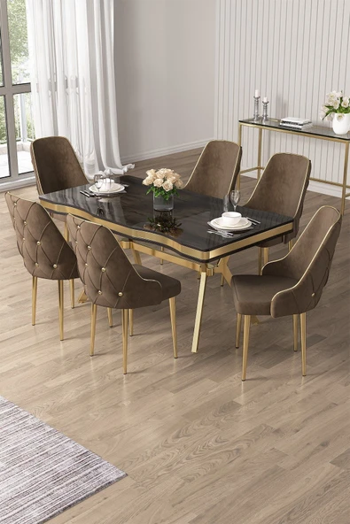 Canisa Vae Serisi 90x160 Lak Panel Antrasit Ironi Gold Ayak Masa Takımı 6 Kahverengi Sandalye ürün görseli 1