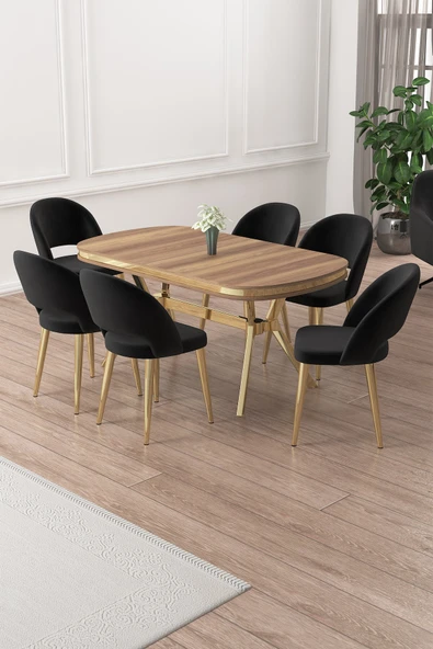 Canisa Jita Serisi 90x168 Lak Panel Hazar Gold Ayak Masa Takımı ve 6 Siyah Sandalye ürün görseli 1