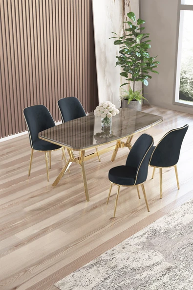 Canisa Lena Serisi 90x160 Lak Panel Antrasit Ironi Gold Kaplama Ayaklı Masa Takımı Ve 4 Antrasit Sandalye ürün görseli 1