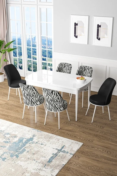 Canisa Kor Serisi 70x114 Açılabilir MDF Mutfak Masası Takımı Beyaz Masa 4 Zebra Desen 2 Siyah Sandalye ürün görseli 1