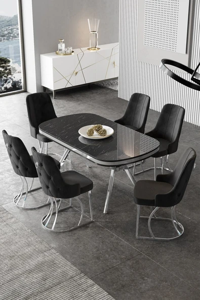Canisa Epal Serisi 90x168 Lak Panel Siyah Mermer Desen Krom Ayaklı Masa Takımı ve 6 Siyah Sandalye ürün görseli 1