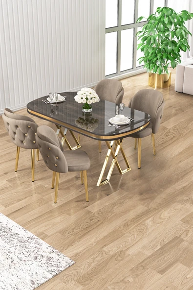 Canisa Zae Serisi 90x168 Lak Panel Antrasit Ironi Gold Ayak Masa Takımı 4 Cappucino Sandalye ürün görseli 1
