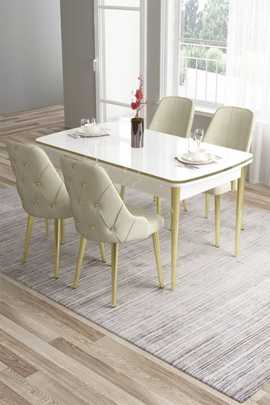 Canisa Tia Serisi Mdf 80x132 Açılabilir Beyaz Gold Detay Yemek Masası Takımı Ve 4 Krem Sandalye ürün görseli 1