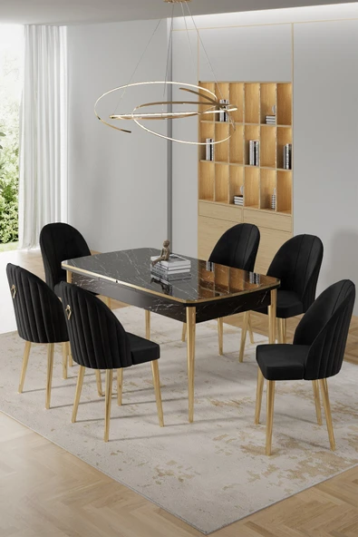Canisa Rada Serisi 80x132 Açılabilir Lak Panel Siyah Mermer Desen Masa 6 Siyah Sandalye Gold Detay ürün görseli 1