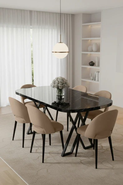 Canisa Arvon Serisi MDF 90x168 Sabit Siyah Mermer Desen Mutfak Masa Takımı 6 Cappucino Sandalye ürün görseli 1