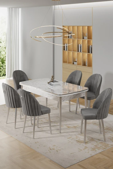 Canisa Rada Serisi 80x132 Açılabilir Lak Panel Beyaz Mermer Desen Masa 6 Gri Sandalye Krom Detay ürün görseli 1