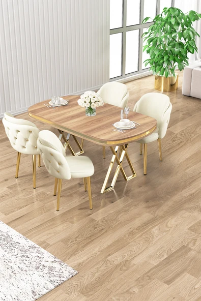 Canisa Zae Serisi 90x168 Lak Panel Hazar Gold Ayak Masa Takımı 4 Krem Sandalye ürün görseli 1