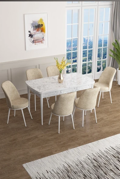 Canisa Han Serisi 70x114 Açılabilir Mdf Mutfak Masası Takımı Beyaz Mermer Desen Masa 6 Krem Sandalye ürün görseli 1