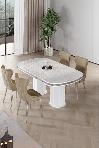 Canisa Galya Serisi Lak Panel 90x168 Sabit Beyaz Mermer Desen Mutfak Masa Takımı 4 Sandalye ürün görseli 1