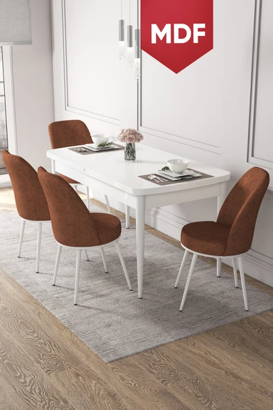 Canisa Concept Kor Serisi 70x114 Açılabilir MDF Mutfak Masası Takımı Beyaz Masa 4 Kiremit Sandalye ürün görseli 1
