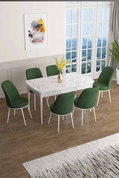 Canisa Han Serisi 70x114 Açılabilir Mdf Mutfak Masası Takımı Beyaz Mermer Desen Masa 6 Haki Yeşil Sandalye ürün görseli 1