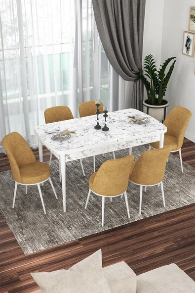 Canisa Kor Serisi 70x114 Açılabilir Mutfak Masası Takımı Beyaz Mermer Desen Masa 6 Cappucino Sandalye ürün görseli 1