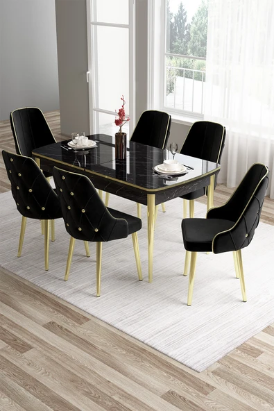 Canisa Concept Tia Serisi, Barok Ahşap Desen 80x132 Açılabilir Mdf Yemek Masası 6 Gri Sandalye Gold Detay ürün görseli 1