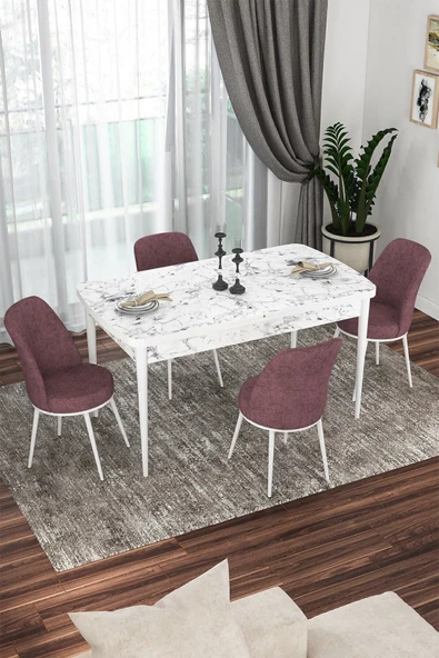 Canisa Kor Serisi 70x114 Açılabilir Mutfak Masası Takımı Beyaz Mermer Desen Masa 4 Gül Kurusu Sandalye ürün görseli 1