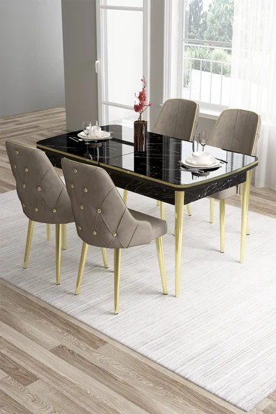 Canisa Tia Serisi 80x132 Açılabilir Mdf Siyah Mermer Desen Gold Detay Masa Takımı Ve 4 Cappucino Sandalye ürün görseli 1