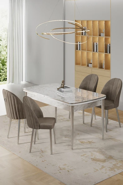 Canisa Rada Serisi 80x132 Açılabilir Lak Panel Beyaz Mermer Desen Masa 4 Cappucino Sandalye Krom Detay ürün görseli 1