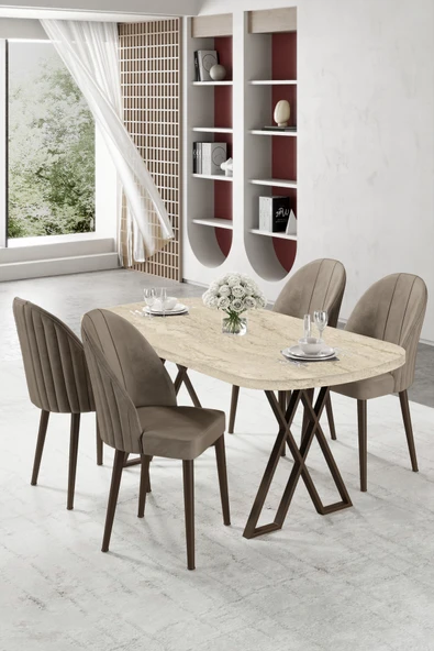 Canisa Kaye Serisi Mdf 90x168 Traverten Mutfak Masası Takımı 4 Cappucino Sandalye ürün görseli 1