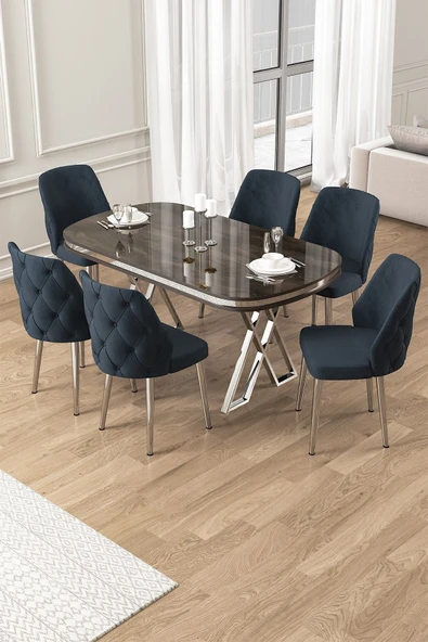 Canisa Afe Serisi 90x168 Lak Panel Antrasit Ironi Krom Ayak Masa Takımı 6 Antrasit Sandalye ürün görseli 1