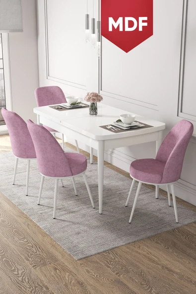 Canisa Kor Serisi 70x114 Açılabilir MDF Mutfak Masası Takımı Beyaz Masa 4 Pembe Sandalye ürün görseli 1