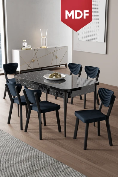 Canisa Exve Serisi 80x132 Açılabilir MDF Siyah Mermer Desen Masa Takımı ve 6 Antrasit Sandalye ürün görseli 1