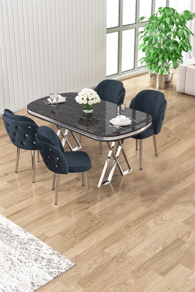 Canisa Zae Serisi 90x168 Lak Panel Siyah Mermer Desen Krom Ayak Masa Takımı 4 Antrasit Sandalye ürün görseli 1