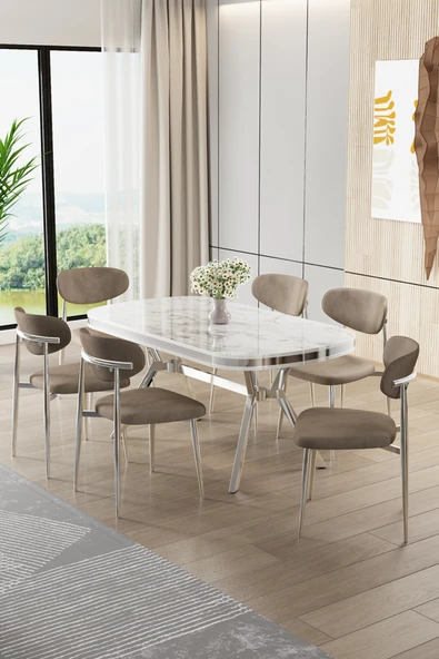 Canisa Olya Serisi 90x168 Lak Panel Beyaz Mermer DesenMasa Takımı Krom Ayaklı 6 Cappucino Sandalye ürün görseli 1