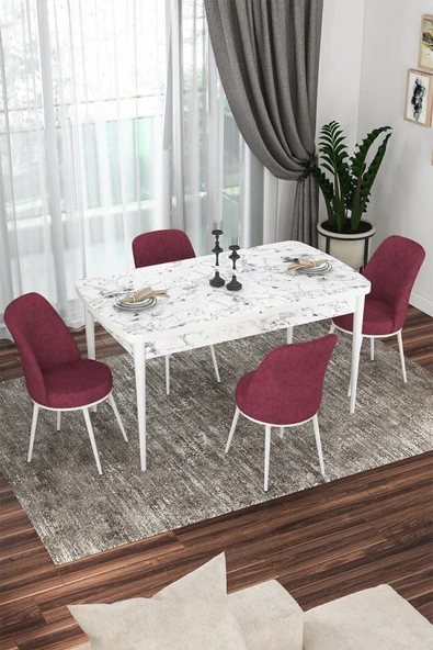 Canisa Kor Serisi 70x114 Açılabilir Mutfak Masası Takımı Beyaz Mermer Desen Masa 4 Bordo Sandalye ürün görseli 1