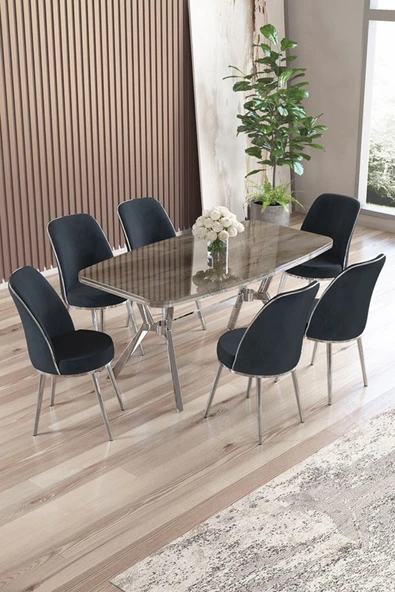 Canisa Lena Serisi 90x160 Lak Panel Antrasit İroni Krom Kaplama Ayaklı Masa Takımı ve 6 Antrasit Sandalye ürün görseli 1