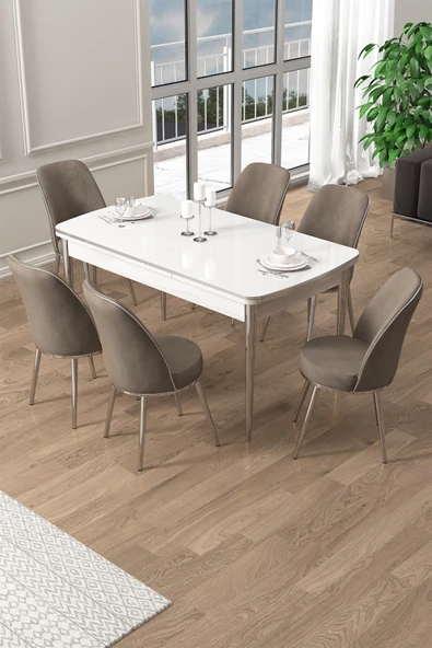 Canisa Pale Serisi 80x132 Açılabilir Beyaz Mutfak Masa Takımı 6 Cappucino Sandalye Krom Detay ürün görseli 1