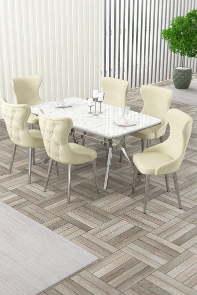 Canisa Esla Serisi 90x160 Lak Panel Beyaz Mermer Desen Krom Kaplama Ayaklı Masa Takımı ve 6 Krem Sandalye ürün görseli 1