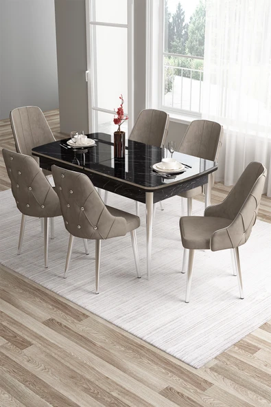 Canisa Tia Serisi 80x132 Açılabilir Mdf Siyah Mermer Krom Detay Masa Takımı Ve 6 Cappucino Sandalye ürün görseli 1
