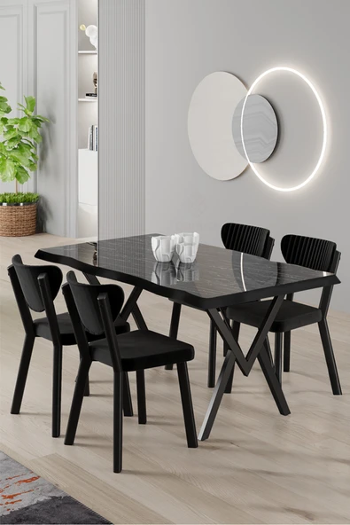Canisa Akort Serisi MDF Sabit 80x130 Siyah Mermer Desen Mutfak Masası Takımı 4 Siyah Sandalye ürün görseli 1