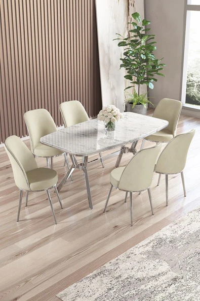 Canisa Lena Serisi 90x160 Lak Panel Beyaz Mermer Desen Krom Kaplama Ayaklı Masa Takımı ve 6 Krem Sandalye ürün görseli 1