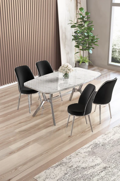 Canisa Lena Serisi 90x160 Lak Panel Beyaz Mermer Desen Kromkaplama Ayaklı Masa Takımı Ve 4 Siyahsandalye ürün görseli 1